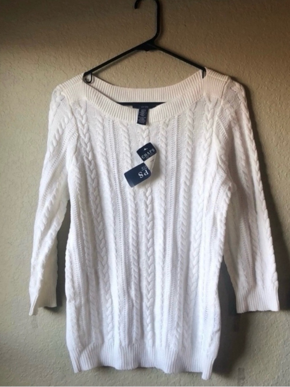 New Chaps Sweater Women’s White 3/4 Sleeve Cable Knit Casual Preppy Top Sz Small
